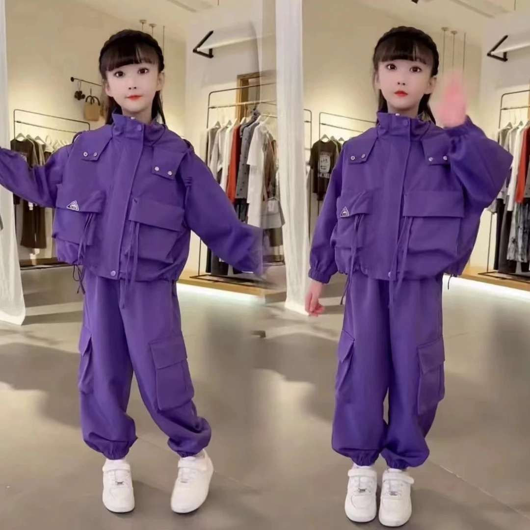 【紫想可爱】女童秋季连帽冲锋衣套装2024新款中大童工装时尚两件套