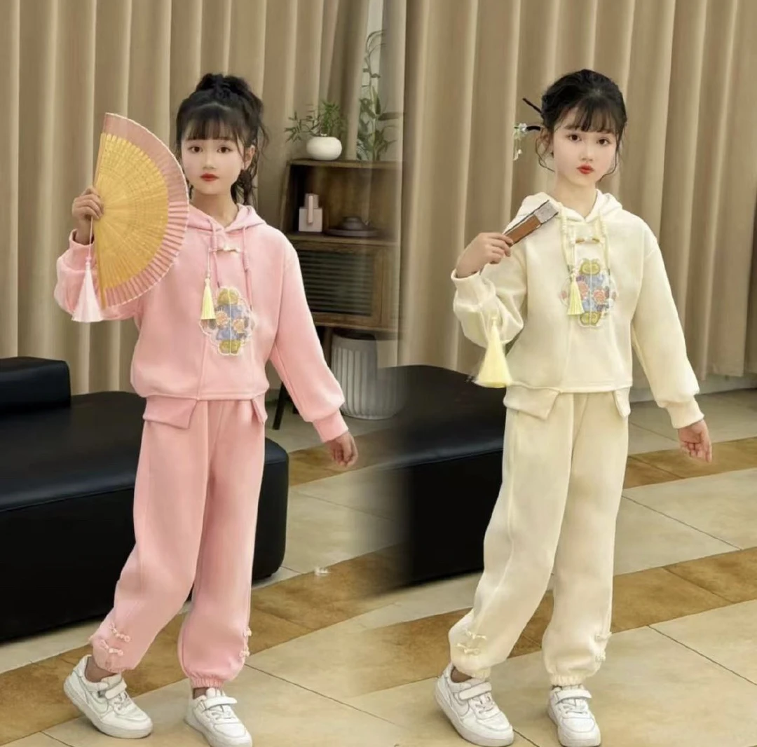 【国风定制套装】女童2024春款新中式国风重工刺绣盘扣连帽新中式潮
