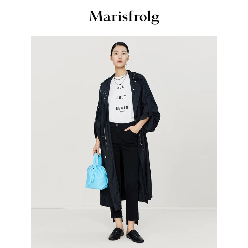 Marisfrolg玛丝菲尔23年春设计师休闲黑色长款风衣外套A1DE1551F