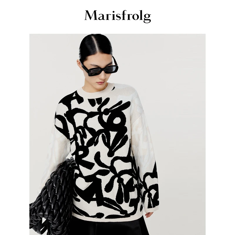 Marisfrolg玛丝菲22冬季尔拼接圆领设计师时尚提花毛衣A1CX4875M