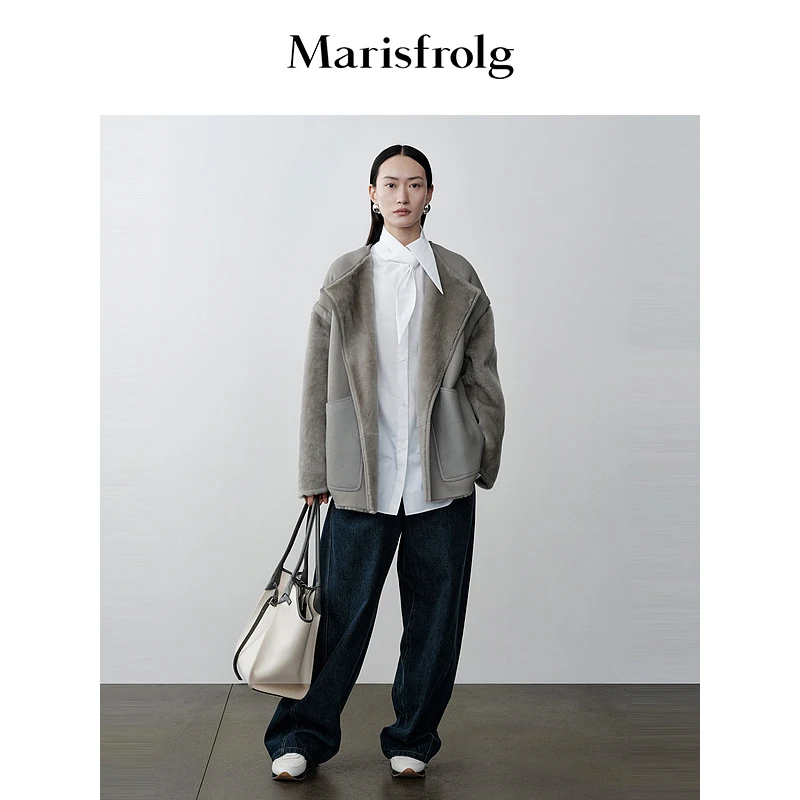 玛丝菲尔23年冬季百搭休闲时尚翻领雪花灰皮衣A1DE4765P