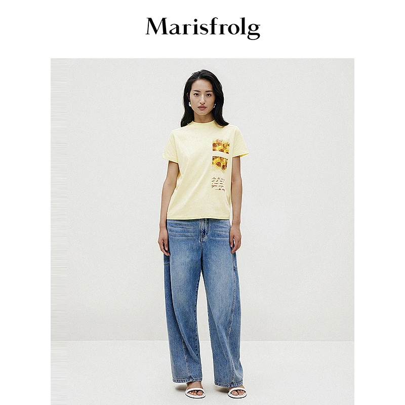 Marisfrolg玛丝菲尔24夏直筒印花圆领百搭向日葵撞色T恤T1EG20037