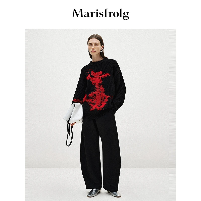 Marisfrolg玛丝菲尔24春休闲黑色圆领龙年提花针织衫A1EG1802M