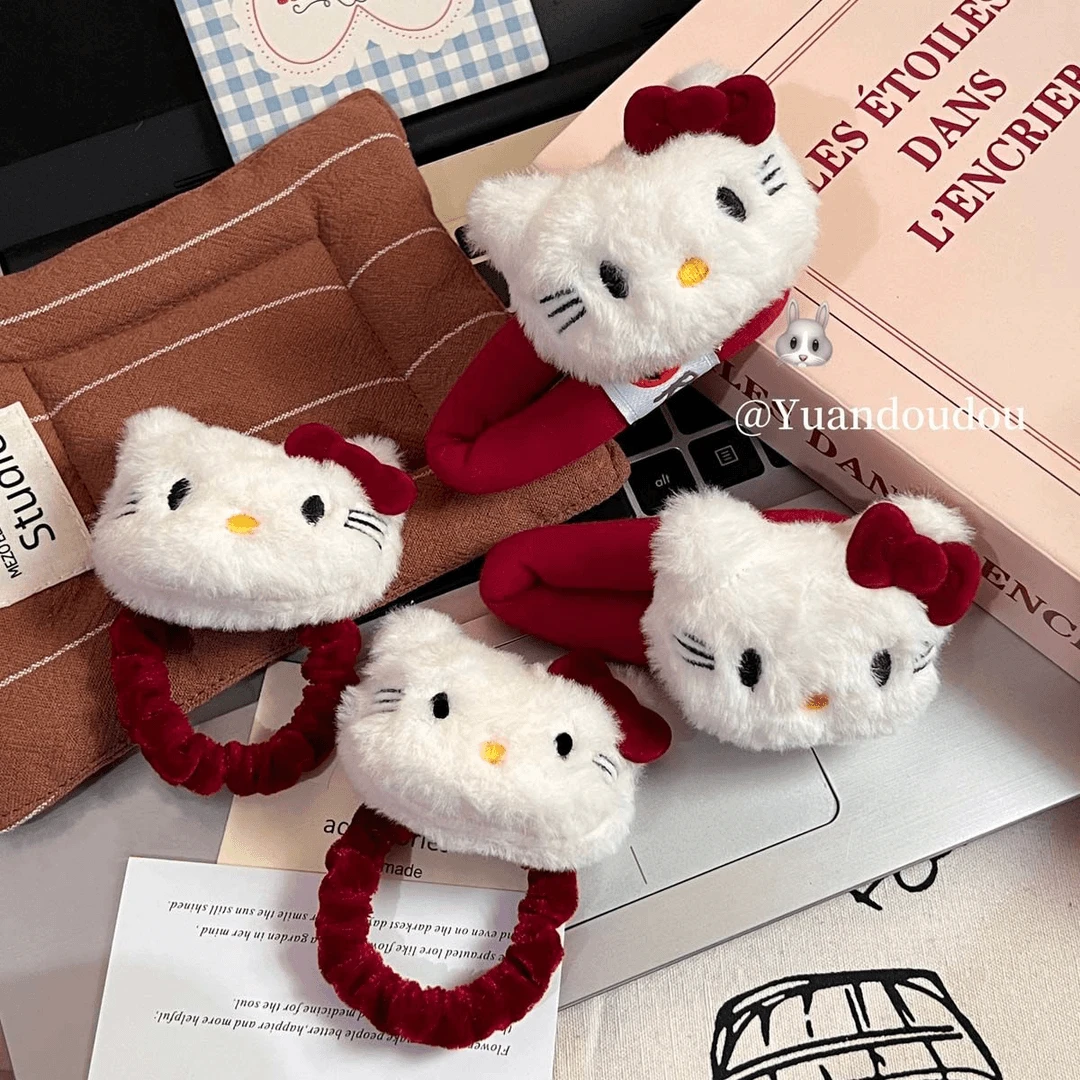 可爱毛绒Kitty甜美安可拉红系蝴蝶结发夹少女刘海卡通BB发饰百搭.