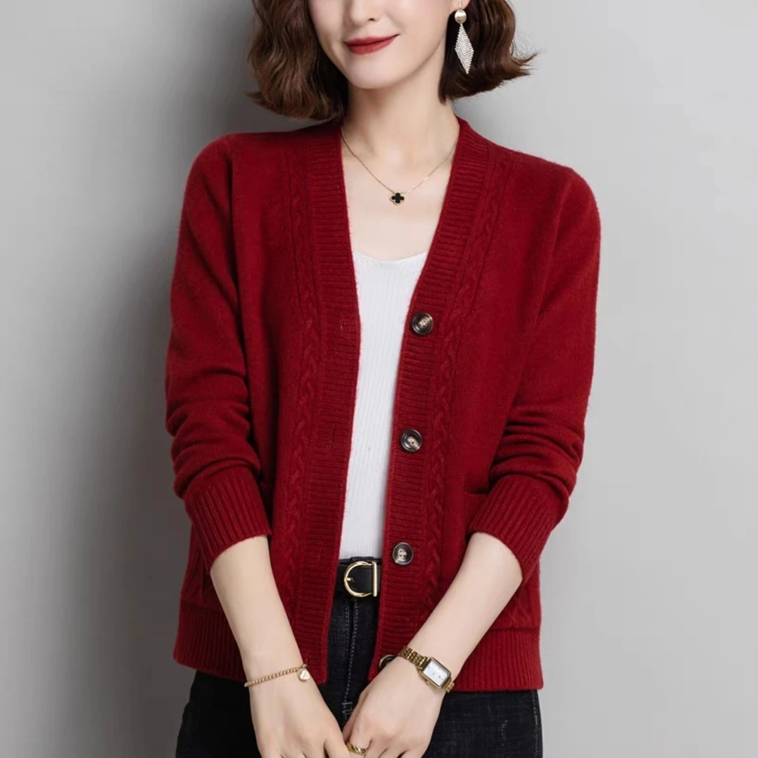 春秋针织女薄款外套100纯羊毛衫妈妈装宽松毛衣女羊绒衫羊毛开衫