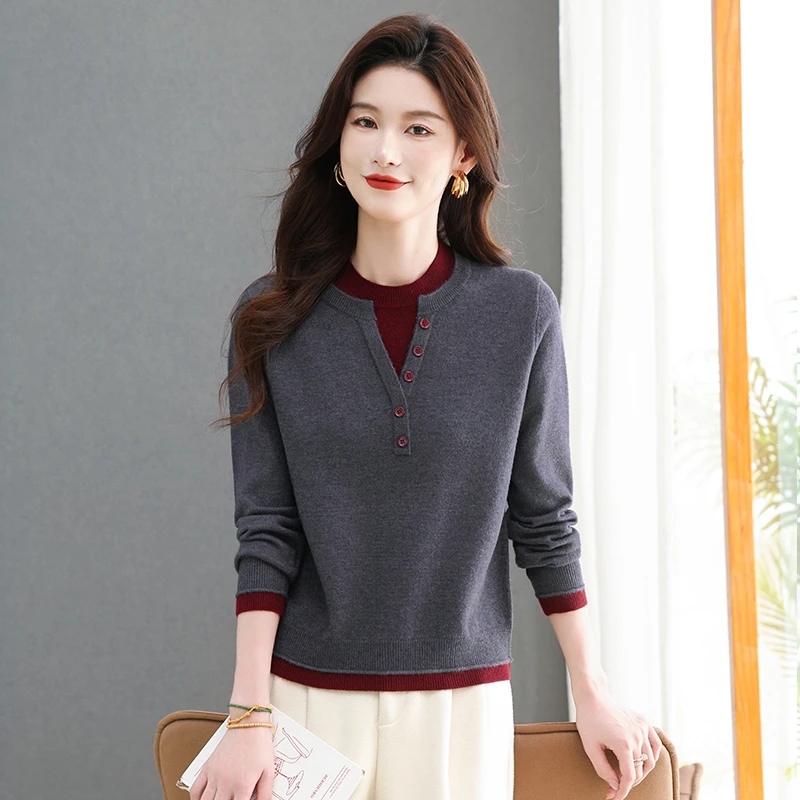 高端女假两件拼色毛衣女春秋冬短款圆领针织衫上衣洋气打底韩版