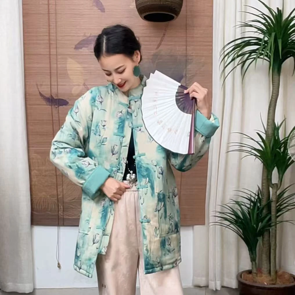 372-10高货立领冬季新款复古百搭名族风国风文艺风中长款棉麻棉服