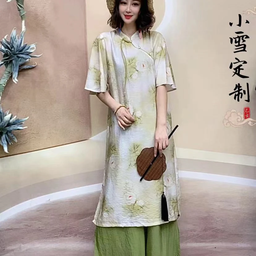 新品099-1蝙蝠袖显瘦新中式百搭气质网红文艺风国风复古旗袍裙
