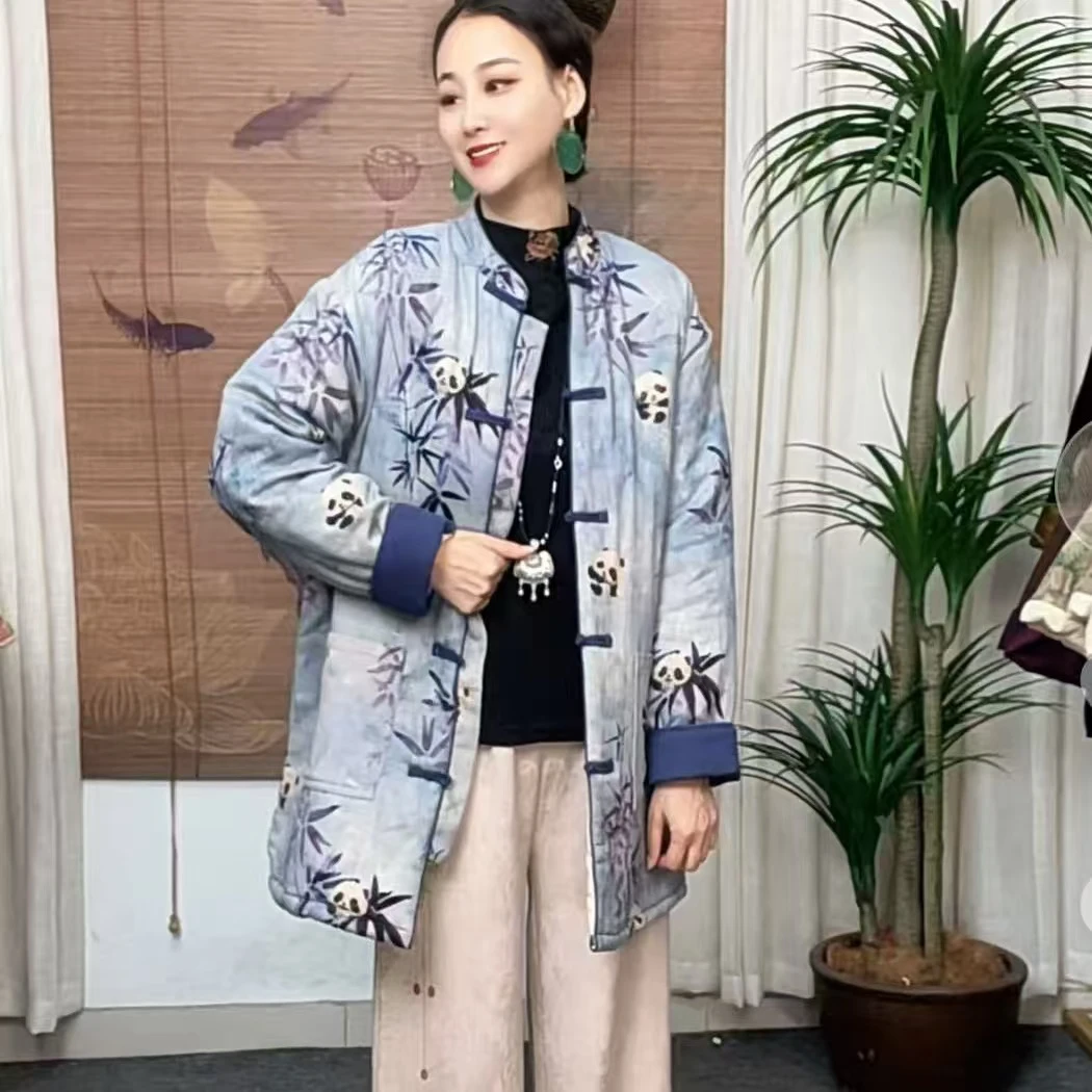 372-13高货立领冬季新款复古百搭名族风国风文艺风中长款棉麻棉服