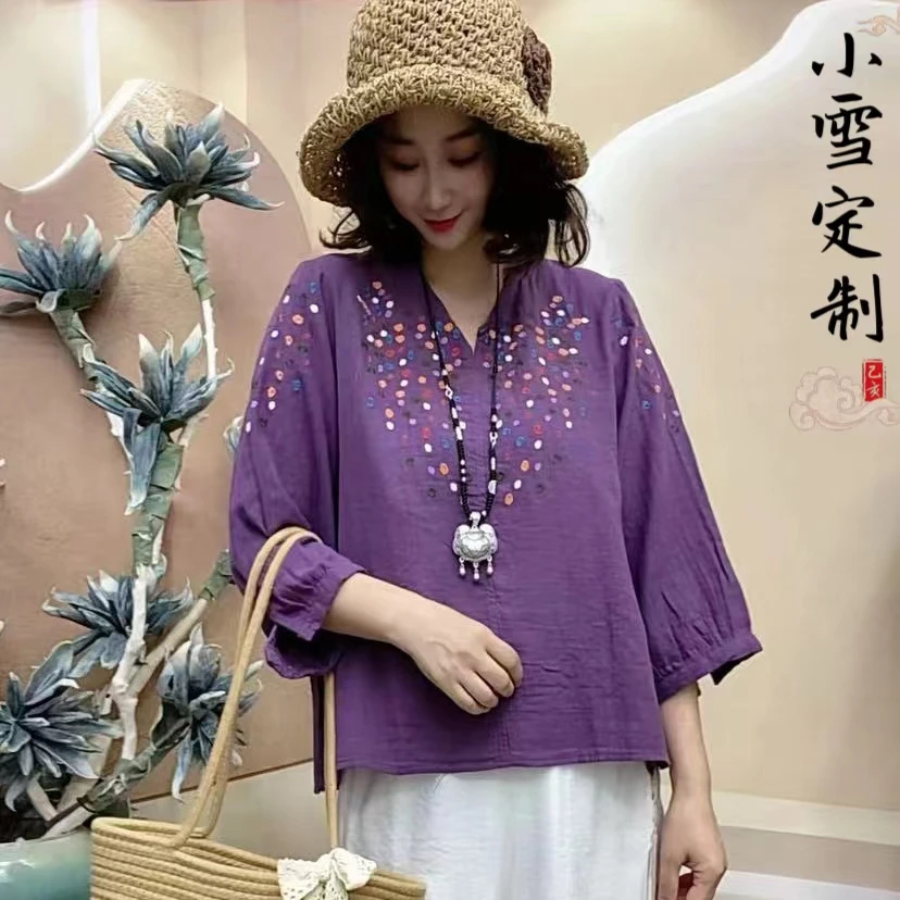 新品092彩色点点刺绣显瘦复古新中式百搭气质网红文艺风小衫