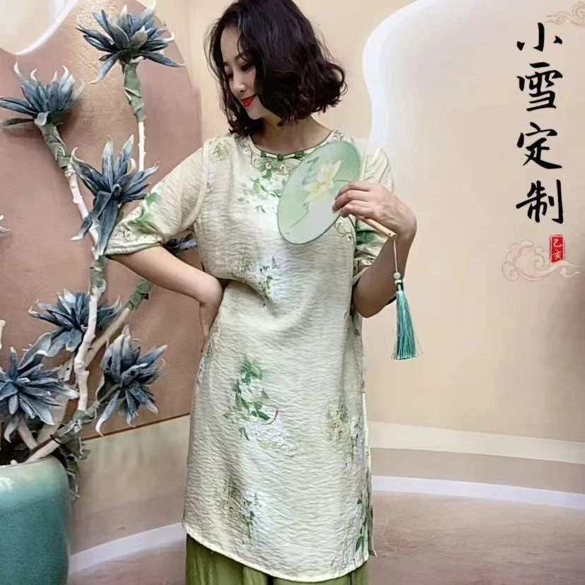时尚088领口刺绣中长款显瘦复古新中式百搭气质网红文艺风中袍