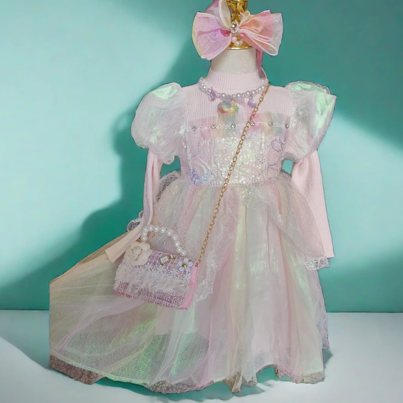 2024年女童设计师款重工蕾丝彩虹礼服公主裙