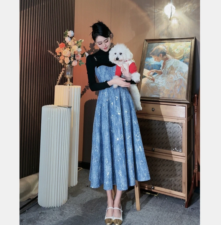 乔朵DUO【人鱼泪】法式高级感气质吊带连衣裙收腰显瘦亮片长裙秋冬