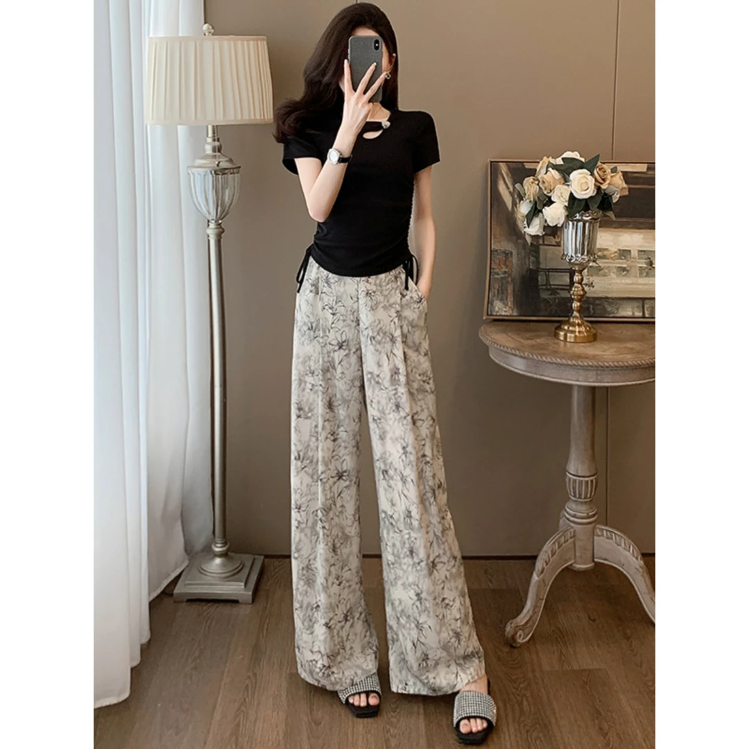 国风禅意休闲时尚套装女2025夏新款小众黑色短袖上衣阔腿裤两件套