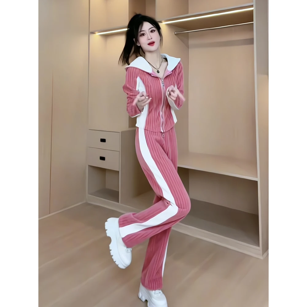 直筒裤流行运动穿搭一整套春秋款甜美风拉链修身开衫卫衣两件套女