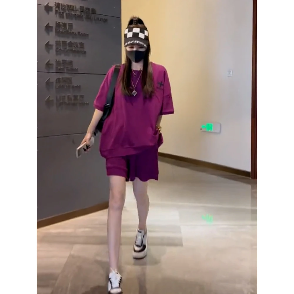 紫红色居家短袖T恤套装女春夏季时尚减龄显瘦上衣宽松短裤两件套