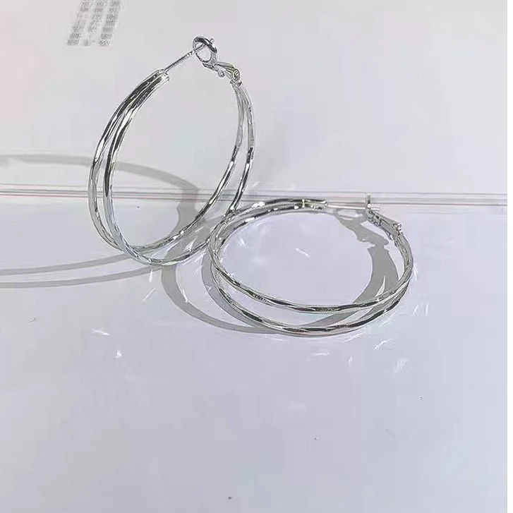 铜合金耳饰 圈圈女新款潮高级感时尚耳饰气质银色双层耳圈N1691A1