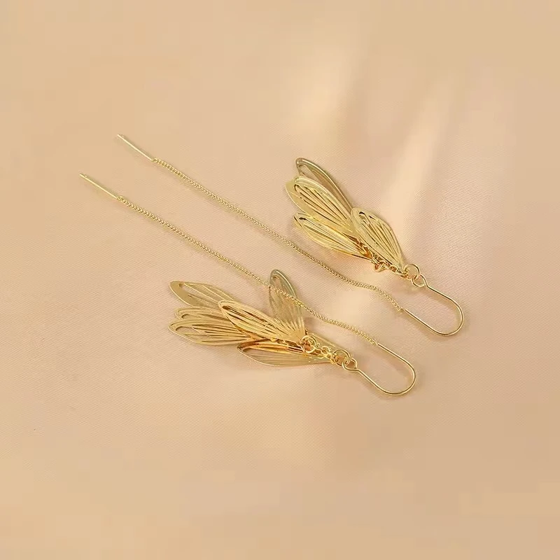 铜合金耳饰 叶子长款流苏耳环高级感轻奢小众设计感耳饰N0844
