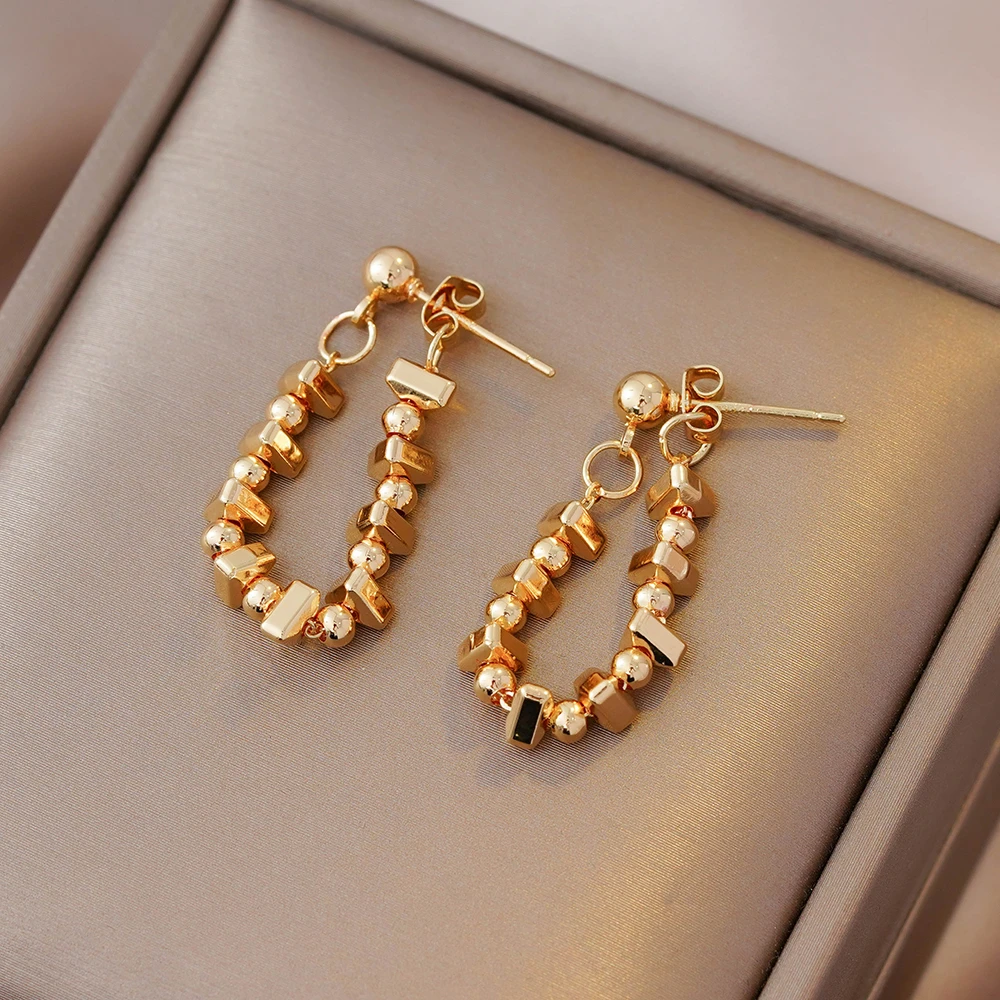 铜合金耳饰 扭曲方块链条耳环 小众设计简约质感耳钉N0745A1