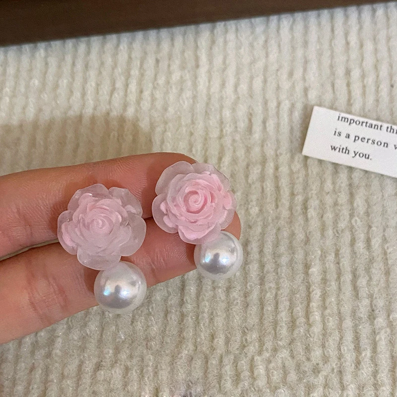 粉色浪漫山茶花朵耳环女轻奢耳钉度假风耳饰N1719A1