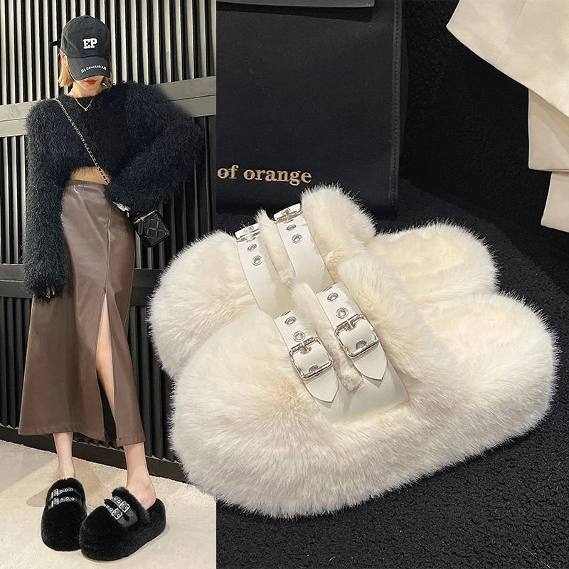包头半拖毛毛鞋女冬外穿2024新款秋季松糕厚底增高跟毛绒居家棉拖