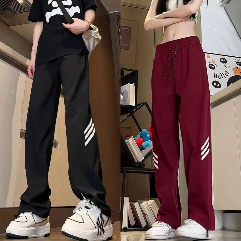 哈克汉贝夏季新款薄款冰丝裤条纹运动裤高街痞帅抽绳束脚休闲裤