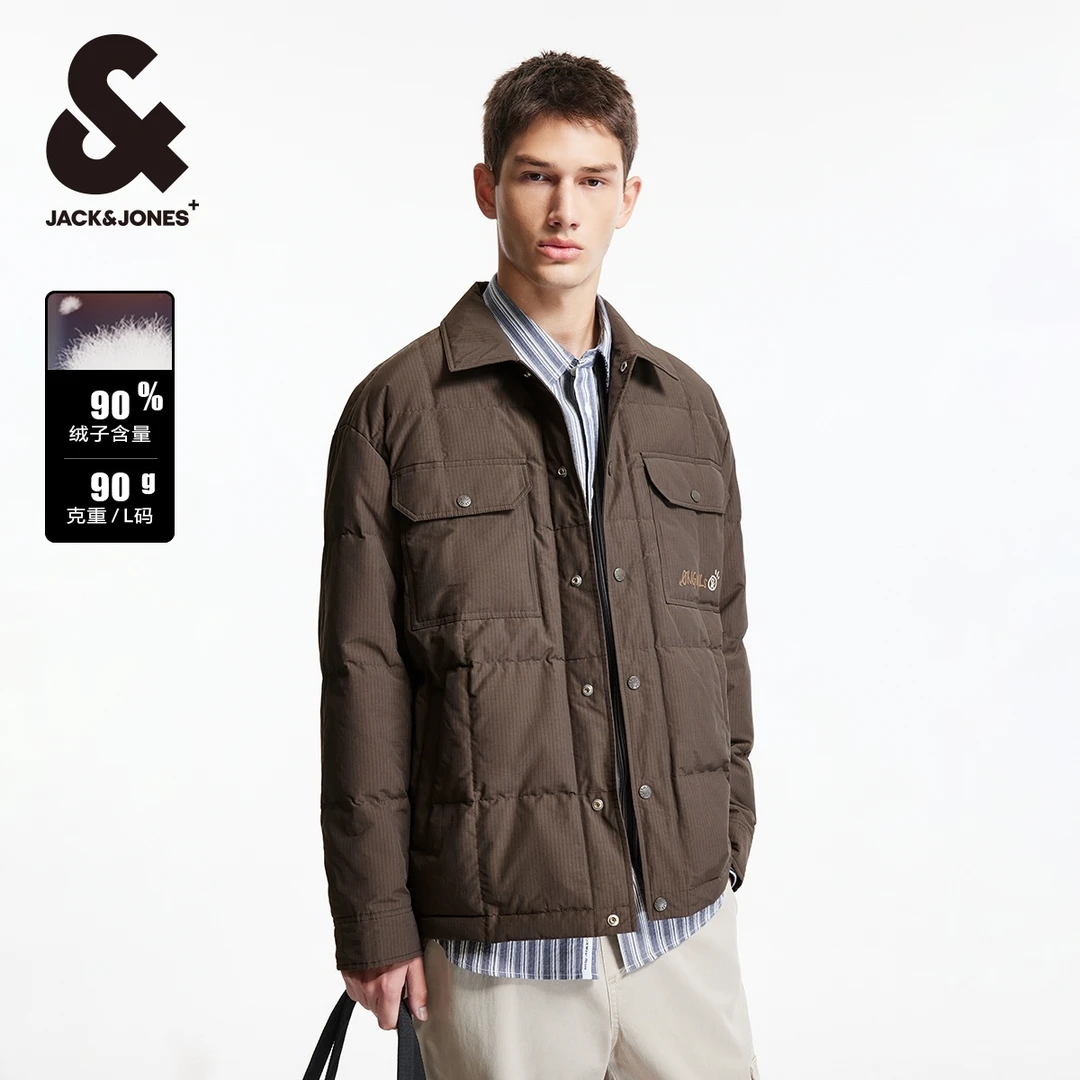 杰克琼斯冬季款男宽松翻领按扣门襟字母刺绣装饰鸭绒长袖羽绒服男