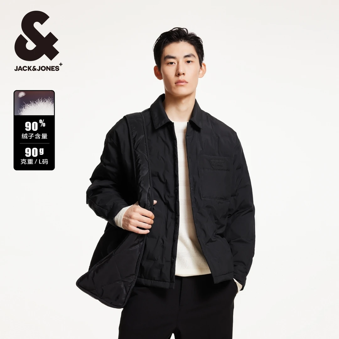 杰克琼斯冬季新款时尚舒适宽松潮纯色翻领按扣排骨羽绒服外套男装