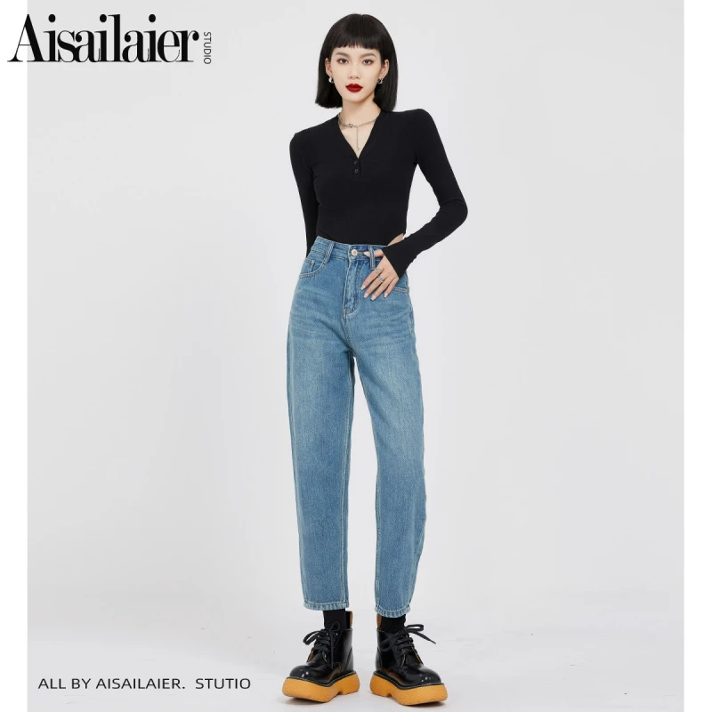 艾赛莱尔浅色高腰锥形牛仔裤女老爹裤2025秋季宽松显瘦九分哈伦裤