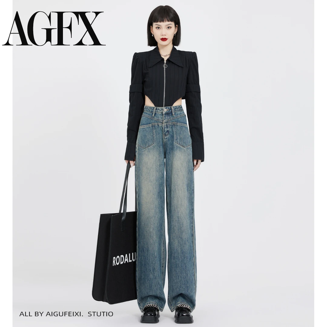 【不凡】美拉德高腰垂感港风设计复古水洗2025年阔腿牛仔裤拖地裤