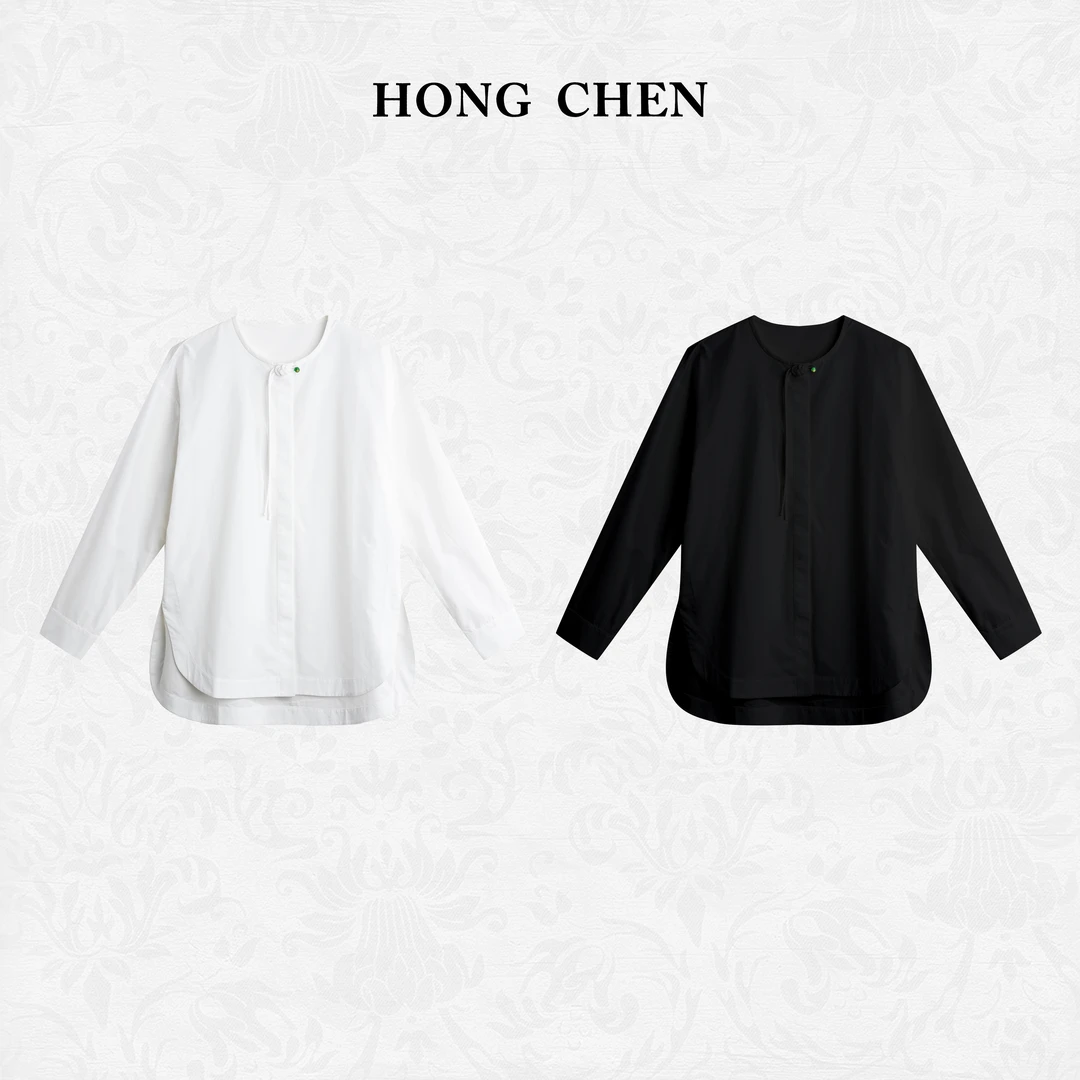 【虹辰·匹马棉】高端时尚极简圆领盘扣高级感纯色新中式衬衫-HC2072
