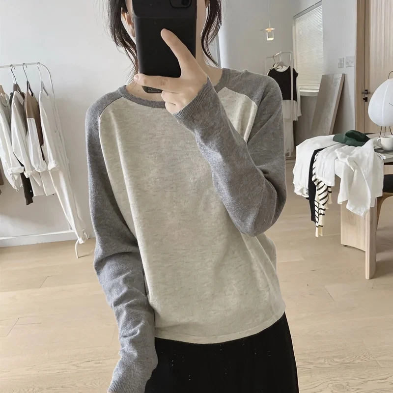 插肩袖针织衫女士秋季新款宽松显瘦减龄拼色时尚韩版套头毛衣上衣