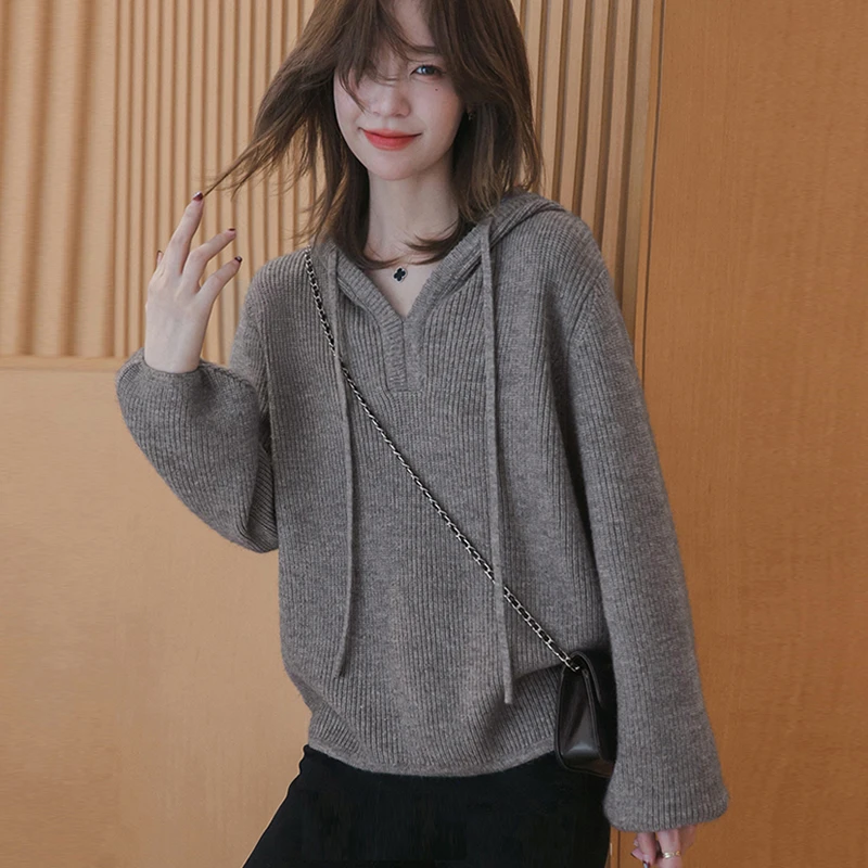 连帽毛衣女2025春秋新款时尚肌理感V领宽松慵懒风长袖韩版针织衫