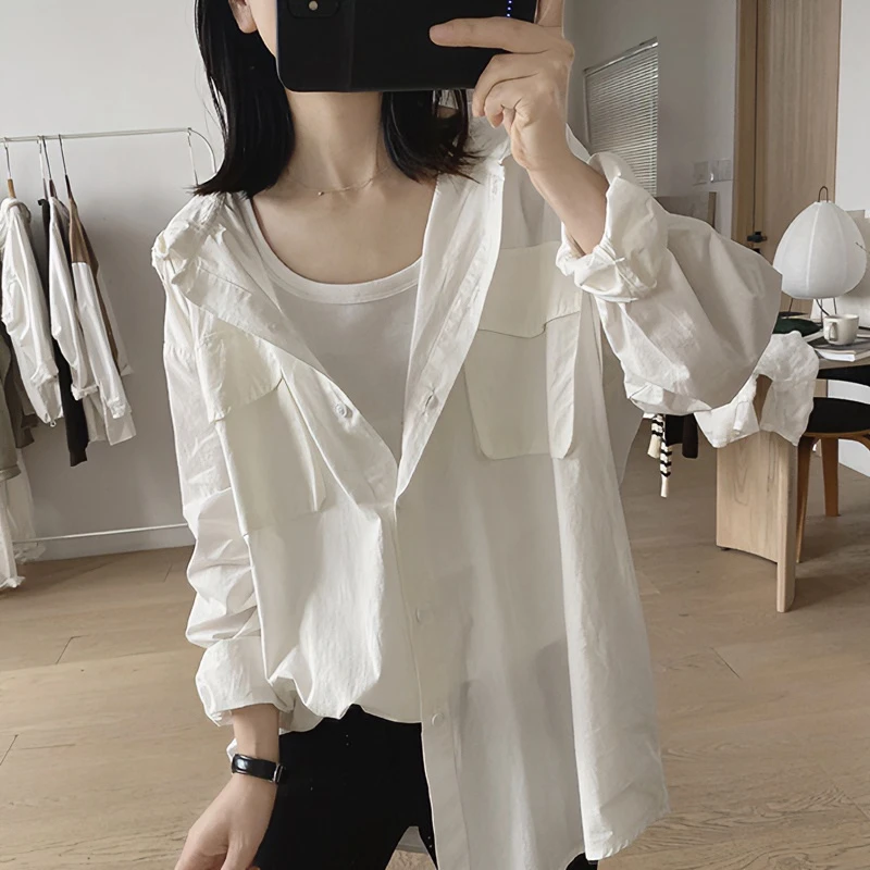 100%纯棉连帽衬衣外套女士春季新款宽松显瘦韩范设计感减龄上衣