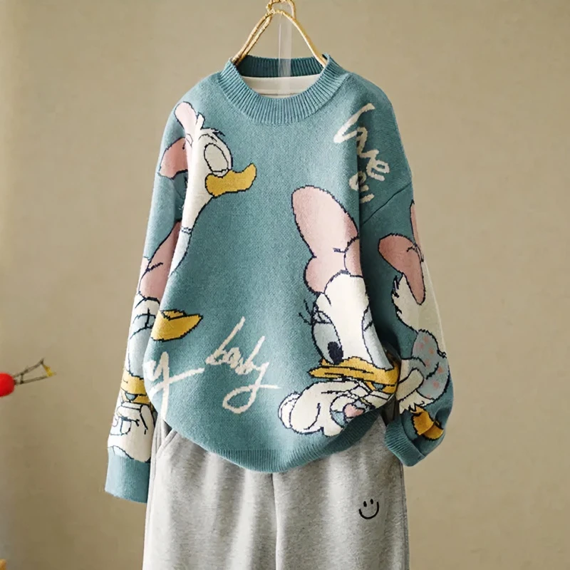 2024秋冬新款韩系可爱卡通毛衣女宽松上衣圆领时尚针织衫毛衣外穿