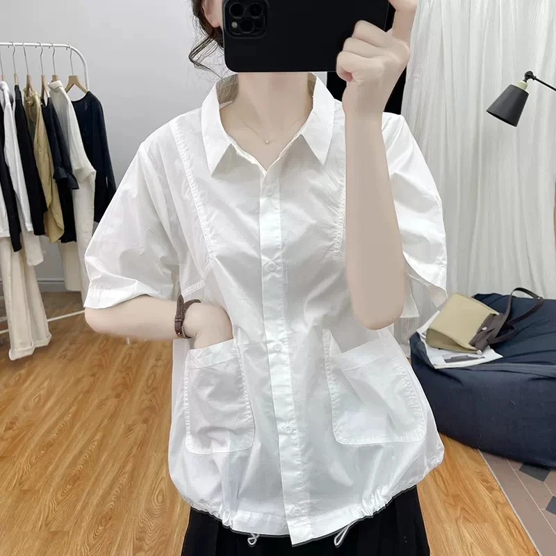 纯棉polo领短袖衬衫女夏季设计感减龄大口袋上衣2025新款抽绳衬衣