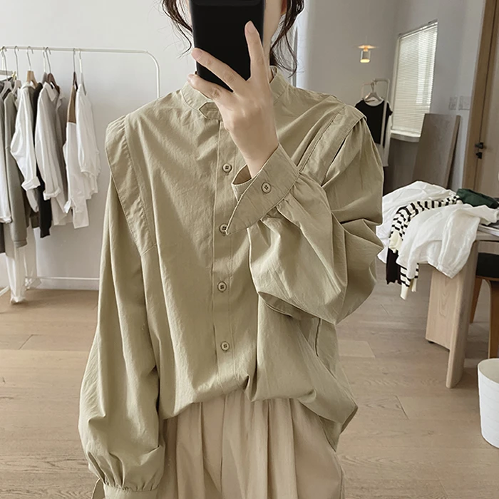 纯棉圆领衬衫女春秋季新款宽松显瘦减龄韩版长袖小众设计感上衣