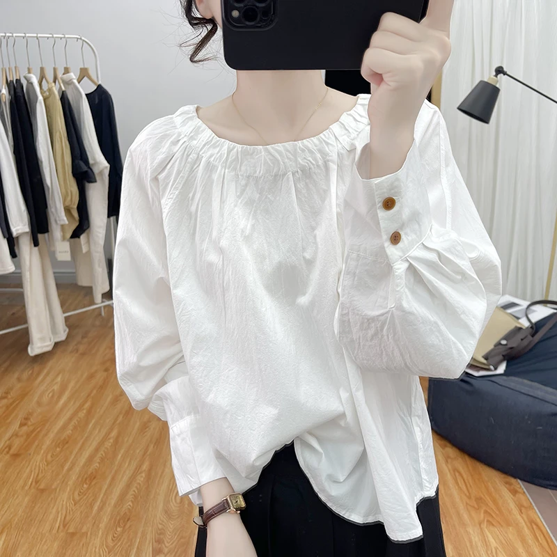 纯棉长袖衬衫女式上衣春秋韩版时尚一字领蝙蝠袖设计感新款休闲