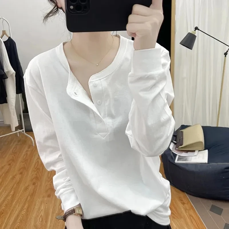 纯棉圆领高级感宽松纽扣长袖T恤女士秋新款复古基础棉打底衫上衣