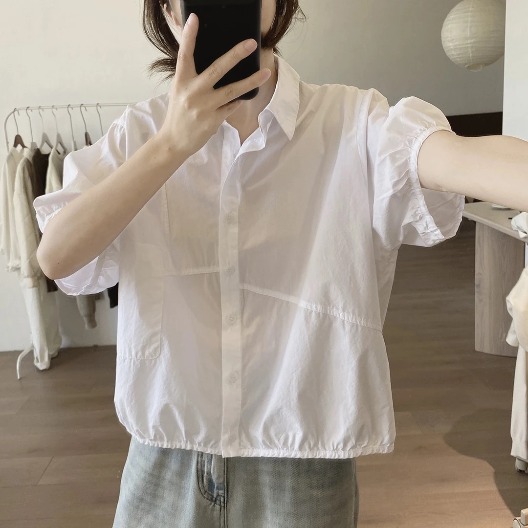 纯棉衬衫女夏季新款宽松显瘦短袖减龄韩版简约时尚设计感开衫上衣