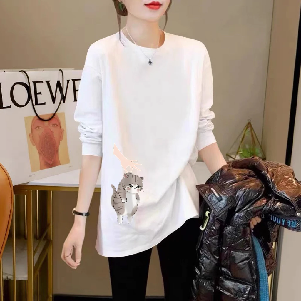 秋冬新款白色中长款长袖洋气t恤女宽松百搭纯棉圆领时尚韩版上衣