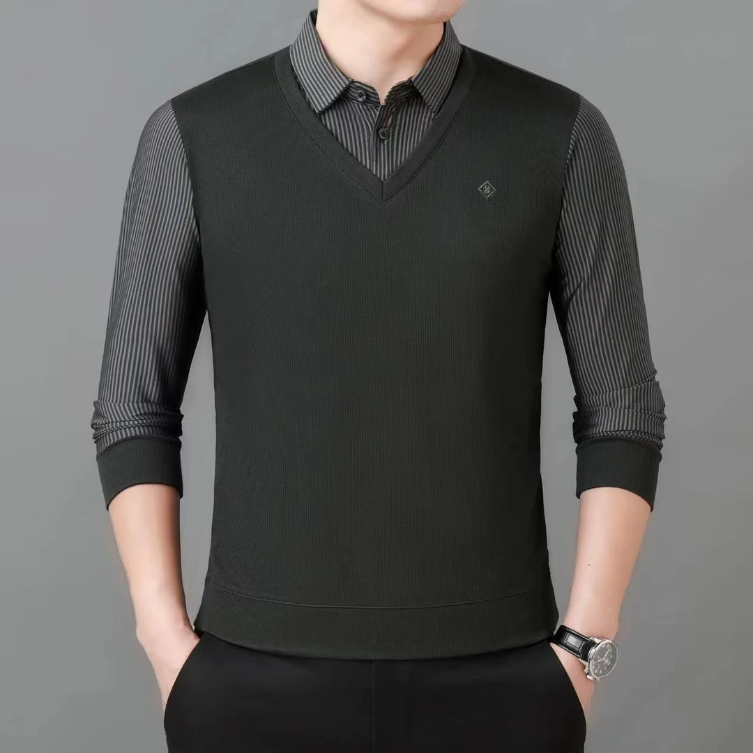 2801款男士假两件秋款爸爸装爷爷装时尚长袖百搭