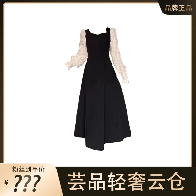 复古拼接长袖连衣裙高级感女大码胖mm气质显瘦赫本风小黑裙1589