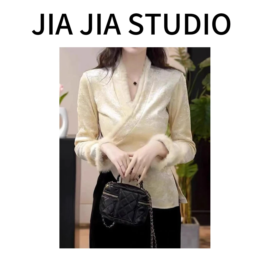 嘉嘉推荐#8173【秋冬加绒加厚款】新中式拼接毛毛不规则收腰打底衫