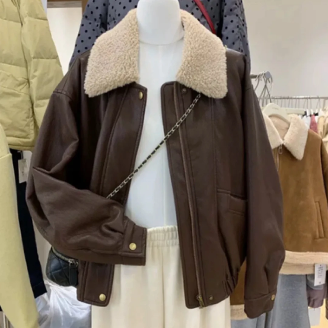 嘉嘉推荐#99165【秋冬加棉加厚款】翻领皮衣外套