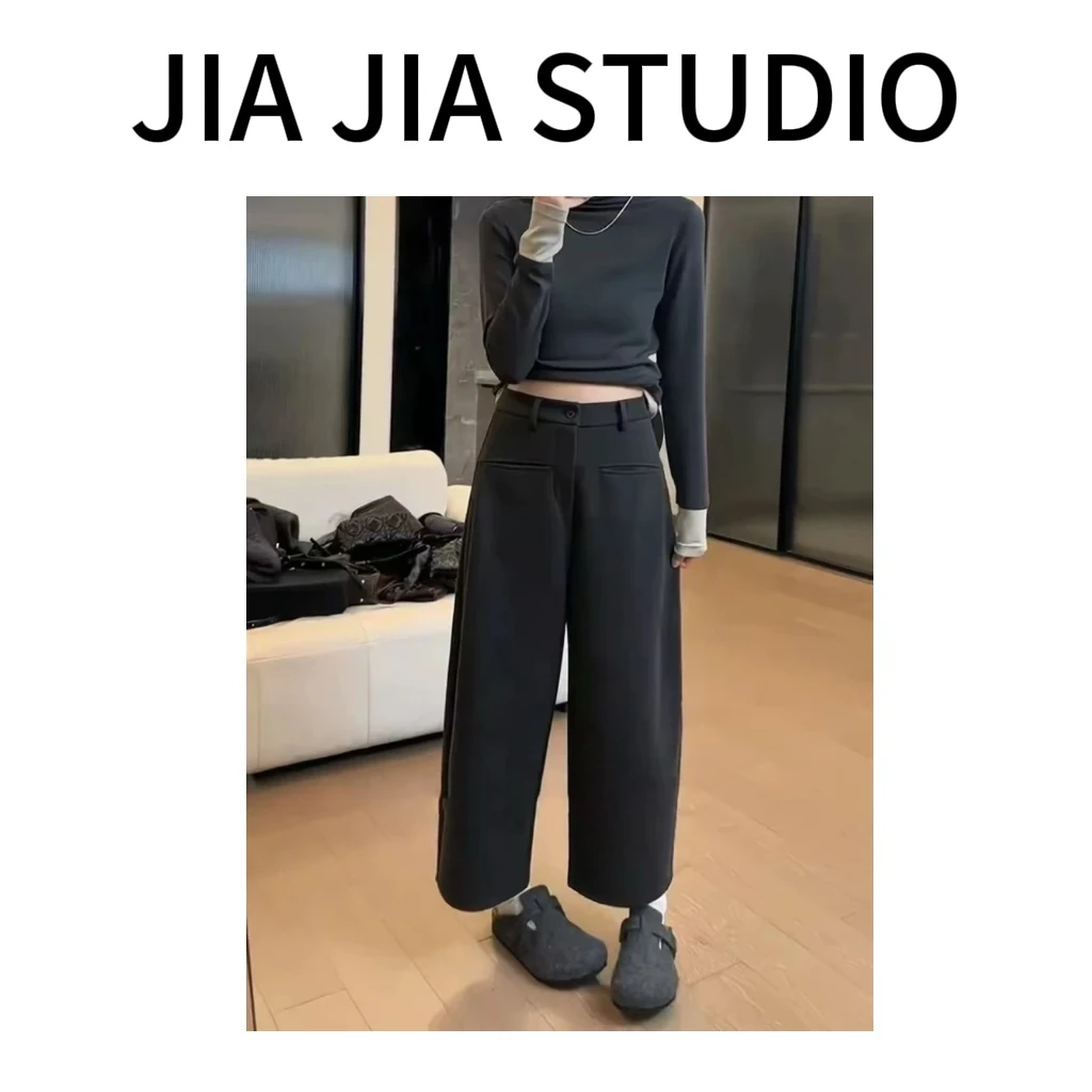 嘉嘉推荐#1639【秋冬加绒加厚款】半松紧腰八分毛呢裤