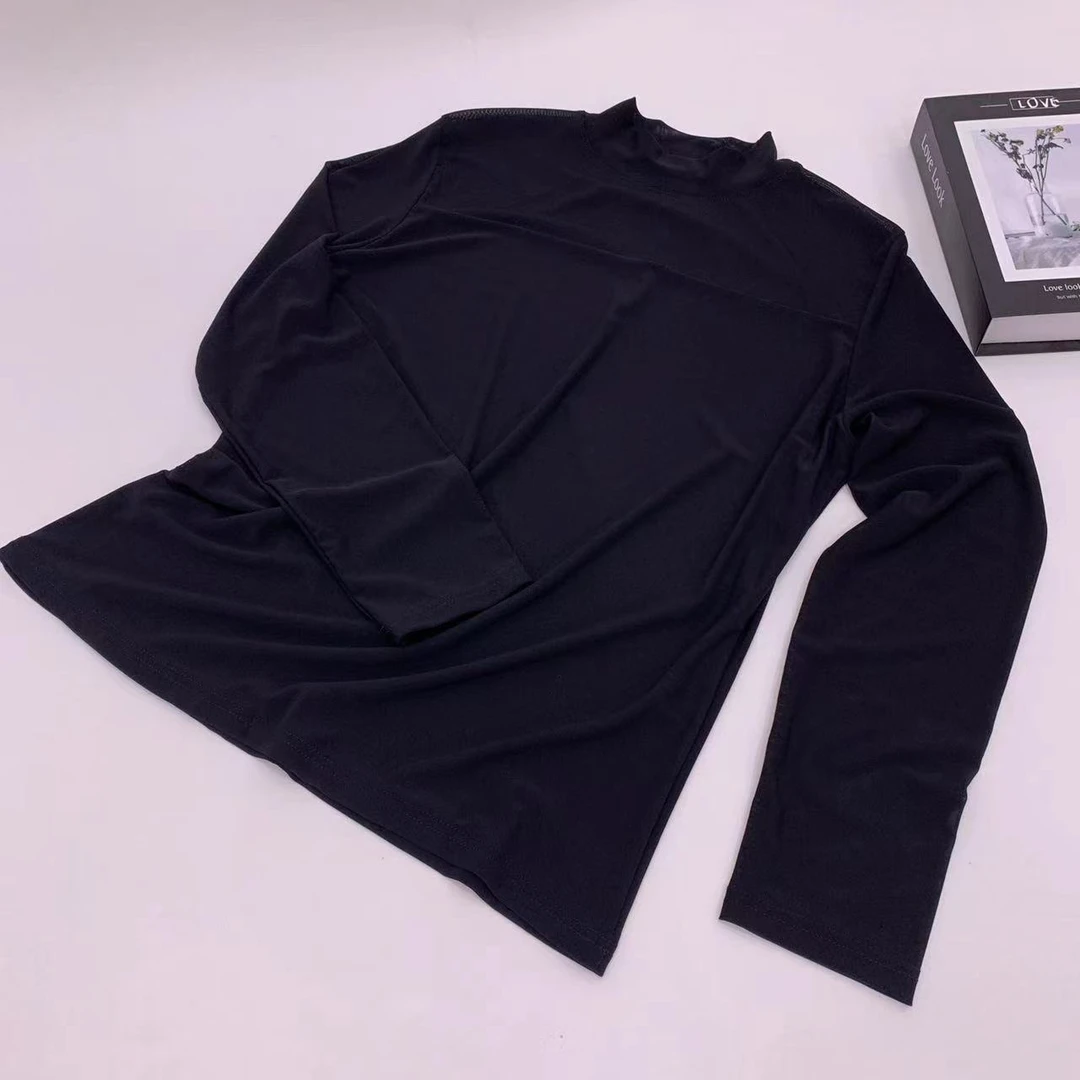 8232号纯色网纱拼接小低领打底衫（预）