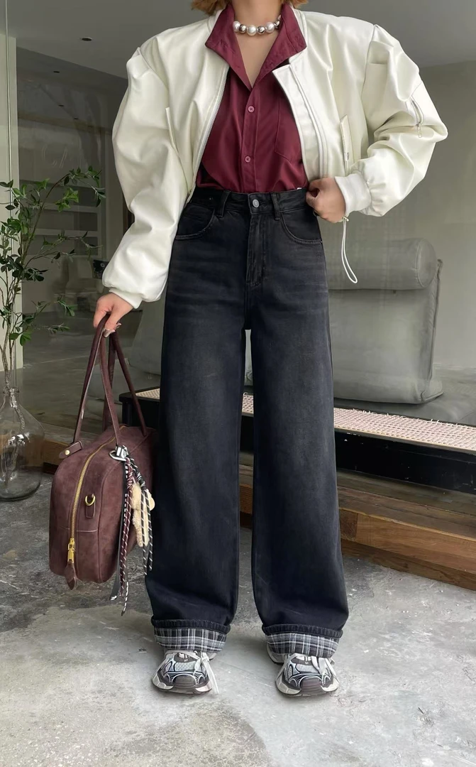 8977号#2207#秋冬百搭可卷边加绒阔腿牛仔裤（预）