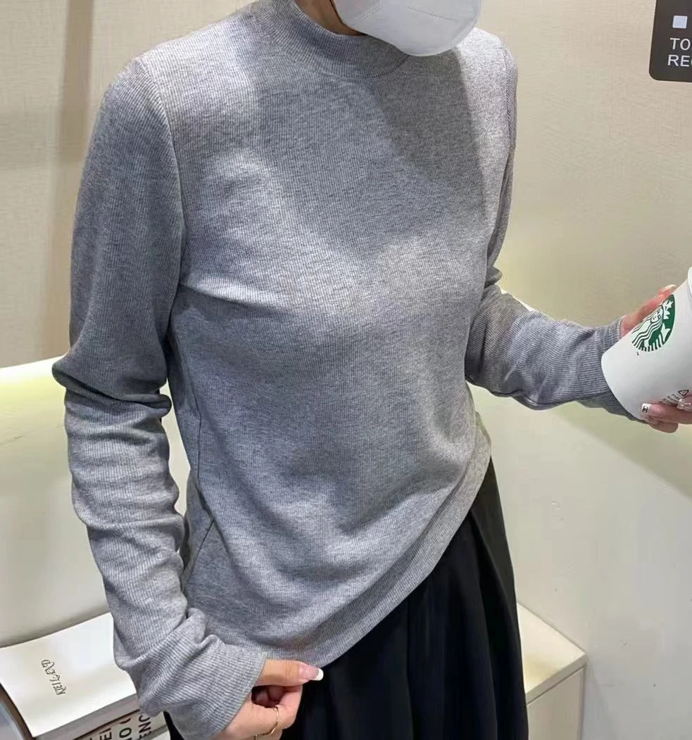 9092号1273#秋冬中领加绒罗纹百搭纯色打底衫（预）