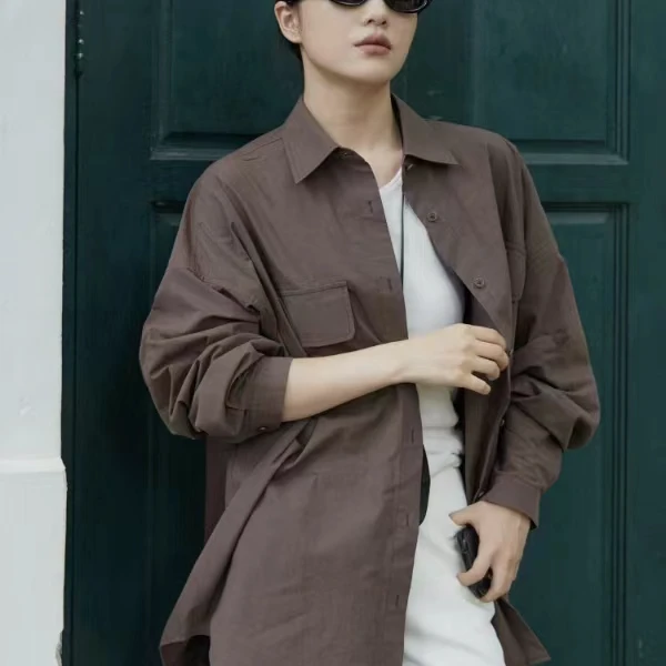 8144号231096#秋双口袋韩系宽松质感长袖衬衣（预）